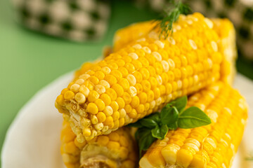 Boiled corn and herbs minimalism on a green background