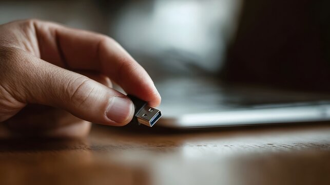 A close up view of a person s hand holding a USB drive preparing to connect it to a laptop computer