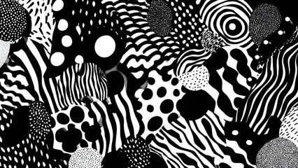 Bold black and white patterns create dynamic abstract art perfect for modern backgrounds or vibrant textile designs with a playful, retro feel