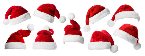 Collage with Santa Claus hats, closeup objects. Isolated on transparent background. Christmas and...