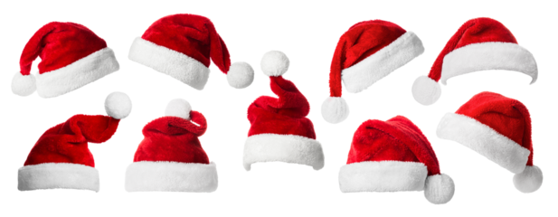 Collage with Santa Claus hats set, closeup objects. Isolated on transparent background. Christmas and New Year celebration