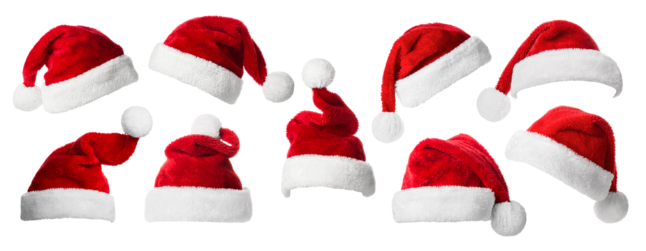 Collage with Santa Claus hats set, closeup objects. Isolated on transparent background. Christmas and New Year celebration