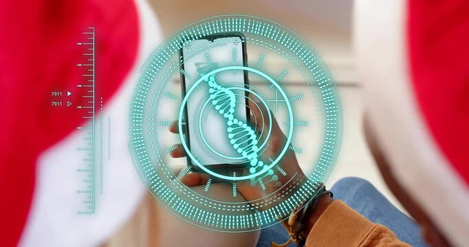 Orange sweater man launching AR app projecting rotating helix performing genetic scan on smartphone