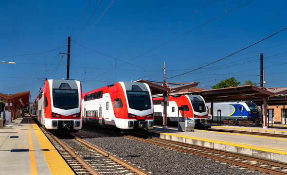 Passenger commuter trains at San Jose Diridon station in California, United States