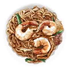 Watercolor Shrimp Fried Noodles Illustration
