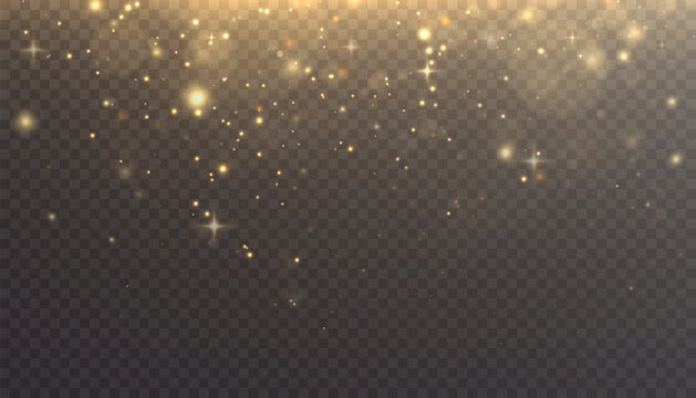 Gold dust, glowing bokeh. Christmas glowing bokeh and glitter texture on a transparent background. Abstract vector background with golden sparkling particles.