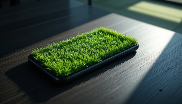 Creative concept of a smartphone covered with fresh green grass, symbolizing eco-technology, sustainability, and nature-inspired innovation. Perfect for environmental, digital, and tech-related design