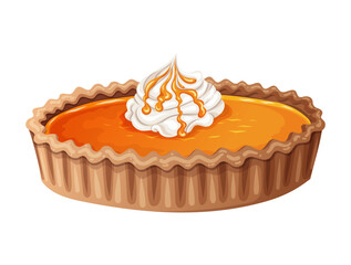 Whole pumpkin pie with whipped cream in vector cartoon style. Orange baked dessert with festive autumn spice. Great for Thanksgiving card or fall menu. Perfect for seasonal harvest festival artwork.