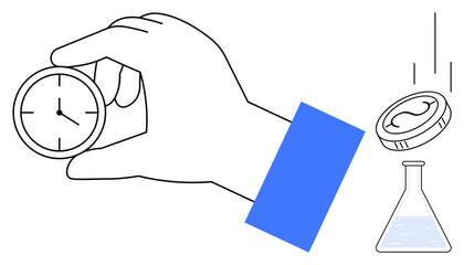 Hand holding small clock, beaker with liquid, and clock falling into it. Ideal for time management, science, efficiency, precision, research, discovery simple flat metaphor