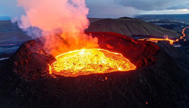 An aerial shot captures a fiery volcanic eruption, showing a glowing lava lake at the crater's center, with smoke billowing upwards