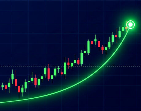 Dynamic stock market graph showcasing exponential growth with green line pointing upwards for financial success