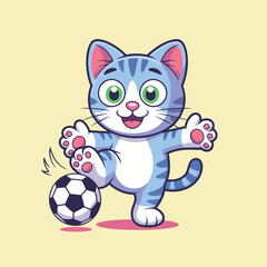 Playful cartoon cat kicks soccer ball with joyful energy, perfect for sports, kids' content, and fun designs