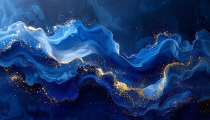 An abstract composition showcasing flowing, ethereal blue and gold hues, evoking a sense of movement and depth across a dark background