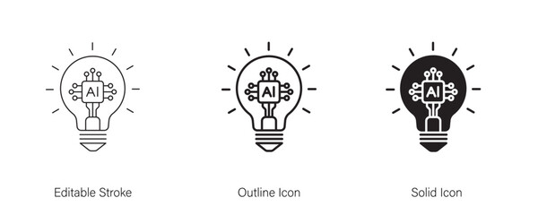Artificial intelligence AI processor chip and light bulb icon. Creative solutions, technological progress, and future innovations. Icon element for app and web. Vector illustration. Editable stroke.