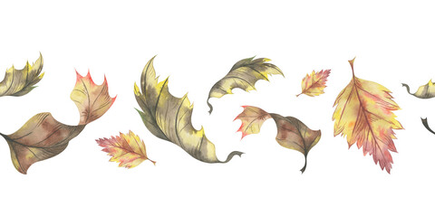 Autumn dry leaves seamless border. Hand painted watercolor illustration. Natural fall foliage design for wrapping paper, fabric and seasonal decoration