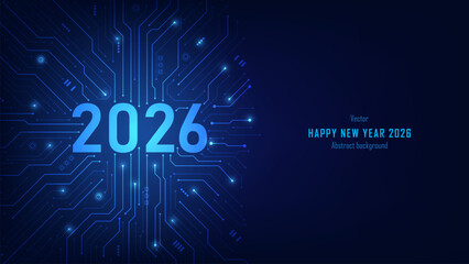 2026 digits on circuit board background. New Year card or digital tech calendar poster. Cybersecurity, engineering innovation, AI optimization tools, and future tech trends. Vector illustration.