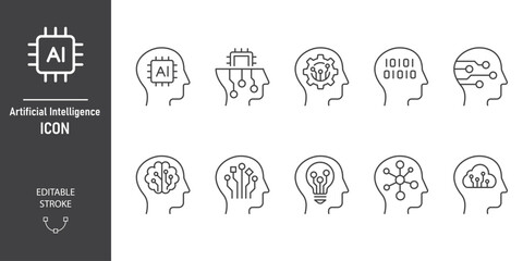 AI, Artificial intelligence icon set. Human head tech line icon. Machine learning, robot technology and innovation. Icon element for app and web. Vector illustration. Editable stroke.