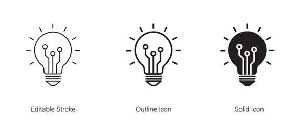 Artificial intelligence AI circuit and light bulb icon. Creative solutions, technological progress, and future innovations. Icon element for app and web. Vector illustration. Editable stroke.