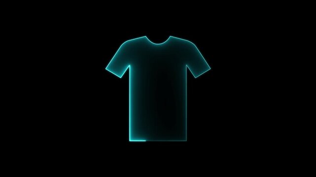 Glowing neon clothes icon isolated on black background. 4k Video motion graphic animation.  Eye-catching neon effect highlights the t-shirt design, perfect for fashion, apparel branding.