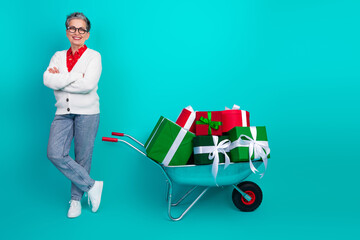 Elderly woman smiles beside a wheelbarrow full of colorful Christmas gifts and presents set against...
