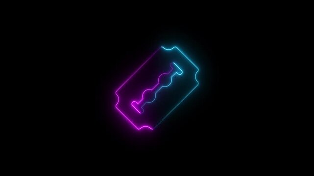  Neon Outline of a Razor Blade on Black Background sharp. Glowing neon line razor icon isolated on black background. 4K Video motion graphic animation. Video footage of glowing Razor icon. 