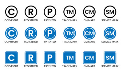 Copyright, Registered, Patented, Trademark, CM, and Service Mark icon set &mdash; legal intellectual property and brand protection symbols in flat blue and black design