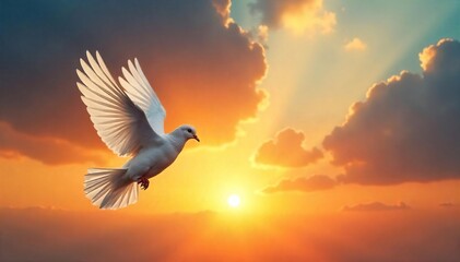 White Dove Taking Flight at Sunset Symbol of Hope, Peace, and Spiritual Release