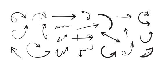 Collection of hand drawn arrow icons and symbols with different shapes and directions on white background