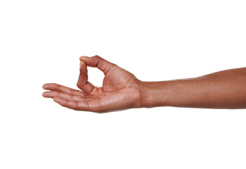 African-American man showing mudra on white background, closeup