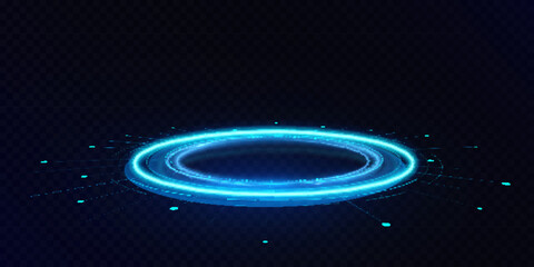 Blue glowing circular ring on a dark background. Futuristic luminous platform with digital light particles forming a sci-fi teleport or energy portal effect.
