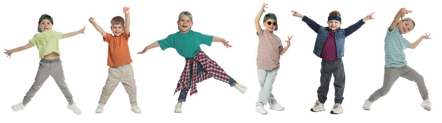 Happy children dancing on white background, collage