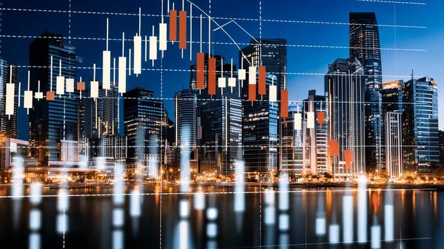 Observe unique financial trends displayed through vibrant graphs in front of a captivating skyline during evening hours