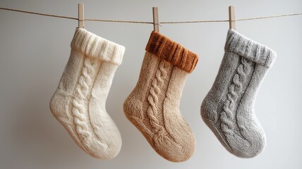A row of traditional knitted Christmas stockings for gifts, with Nordic patterns hanging on a string
