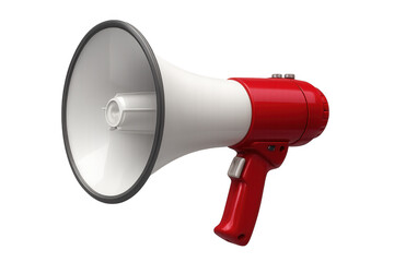 Red and white bullhorn creating sound, making an announcement, and expressing ideas with its voice amplified. Transparent background