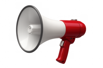 Red and white bullhorn creating sound, making an announcement, and expressing ideas with its voice amplified. Transparent background