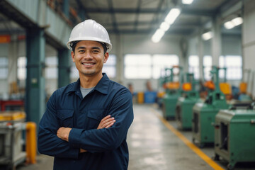 A man in a blue shirt and a white helmet is smiling in a factory. He is wearing a hard hat and is posing for a picture. Concept of professionalism and safety in the workplace