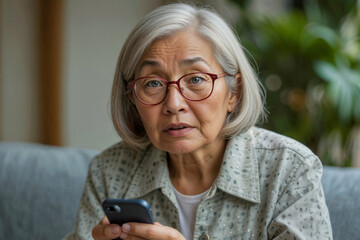 Portrait of Asian senior citizen faces internet fraud or cyber scam on phone