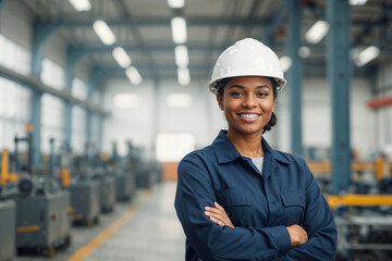 Portrait of happy black woman engineer in work uniform, helmet stands at factory