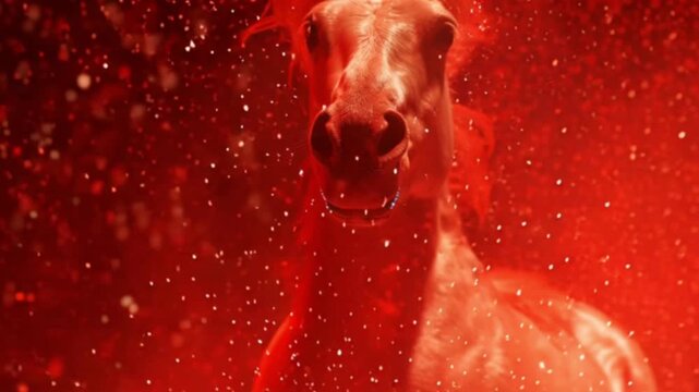 Hyper-realistic cinematic Chinese New Year scene featuring a fiery horse blazing against a vibrant red background, symbolizing power, prosperity, and for the Year of the Horse in the Chinese zodiac