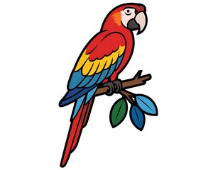 Obraz premium Colorful scarlet macaw parrot perched on a branch with green leaves