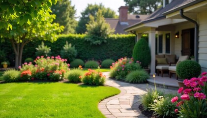 Obraz premium Homeowner Enjoying Lush Landscaped Backyard Oasis; Vibrant Flowers, Perfect Lawn, Charming Patio, Relaxation, Real Estate