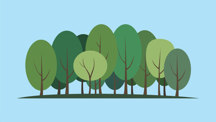 Obraz premium An illustration of a stylized forest with various green trees, each with rounded or oval canopies and brown trunks.