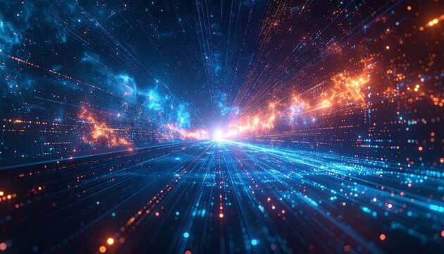 An abstract perspective showcasing a tunnel or pathway of light, emanating from a central source, with a gradient of blue and orange