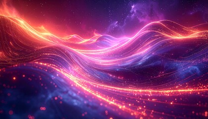 Abstract illustration of glowing energy waves flowing across a cosmic landscape with a starry sky above