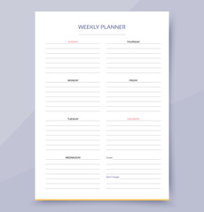 Weekly planner. Schedule for week with goals. Homework organizer template. Journal timetable page. Week starts Sunday. Layout of the planer. Blank diary. Portrait orientation, A4. Vector illustration