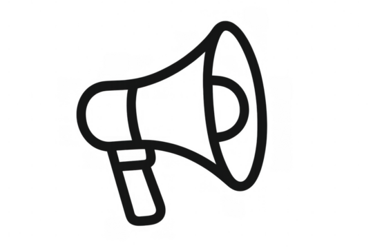 Megaphone line art icon representing communication, public speaking, announcements, and attention. Transparent background