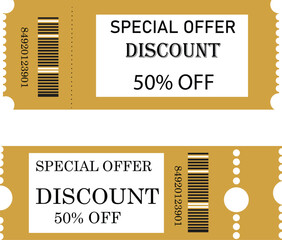 Golden special offer discount ticket coupon with barcode, 50 percent off sale voucher design template