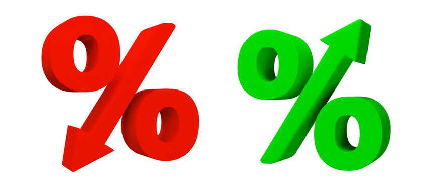 3d red low price icon with green percent up. Crisis concept sign. Stock vector illustration on isolated background.