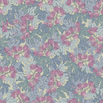Seamless repeating pattern imitates an intricate tapestry showcasing nature's beauty with picturesque fig branches with large leaves and ripe fruits in rich, earthy color palettes with Layered details