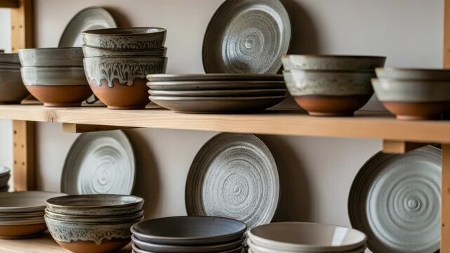 Rustic pottery display on wooden shelves featuring handmade bowls and plates